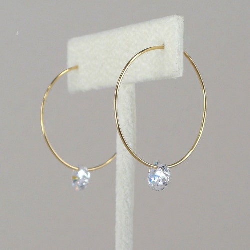 Diamond Hoop Earrings Thin Gold Hoops Floating Diamond Etsy