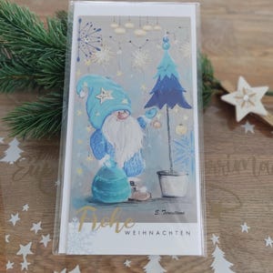 Set di 5 CARTOLINE ARTISTICHE, carta naturale, 10,5 * 21 cm, Buon Natale, nano, auguri di Capodanno, busta pieghevole con oro.