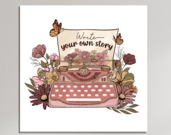 Write Your Own Story Vintage Typewriter Flowers Butterfly Gift Square Stretched Canvas