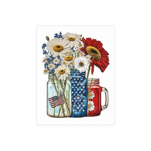 Postcards - USA Patriotic Flower Arrangement in Jars, Daisy, Forget Me Nots, Flag, Red White Blue Postcard Bundles (envelopes not included)