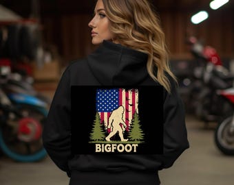 Bigfoot American Flag Hoodie - Unisex Outdoor Adventure Sweatshirt