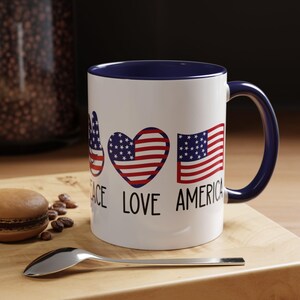 Peace Love America Mug, Patriotic Ceramic Coffee Cup, USA Flag Drinkware, American Pride Gift, Red White Blue Kitchen Decor