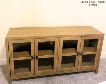 Wooden Grooved four-Door Sideboard Buffet Cabinet with Glass Doors