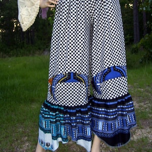 Ruffle Bloomers OOAK Wide Leg Pants Yoga Black White Checker Blue Hippie Ruffles Boho Festival Capri Urban Chic L XL Adult M L