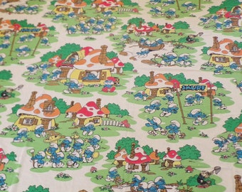 Smurf Sheet Full Double Size Flat Mushrooms Village Bright Color Lawtex Vintage Sewing Quilting Fabric Bedding Bed Smurf Art