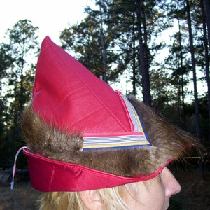 Gnome Fur Hat Red Leather Elf Gnome Furry OOAK Winter Pointy Unisex Hat Christmas Elf Ugly Sweater Party Hat Quilted Lining Adult S M