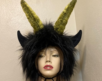 Furry Krampus Hat: Wild Thing Monster Costume, Green Horns