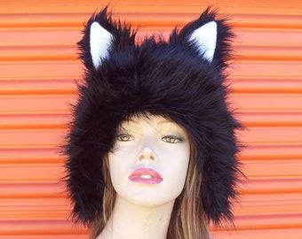 Black Animal Hat Thick Fur Wolf Ears 