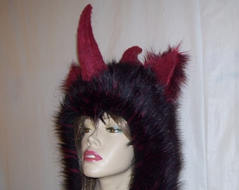 Furry Krampus Monster Hat  Black & Red Horned Halloween Costume Headpiece