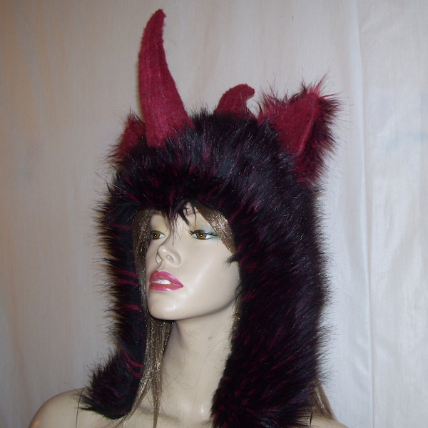 Ready to Ship Krampus Monster Horn Hat Christmas Halloween Costume Hat Furry Black Red Horns Fur Hat Weird Unique Gift Head Piece Adult