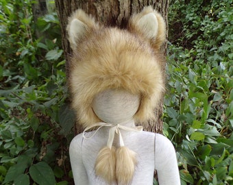 Wolf Cub Furry Hat n Tail Ears Kid Fur Blonde Brown Halloween Costume Unique Gift Photo Prop Kid Toddler Child 18.5-20" Head Fur Hat