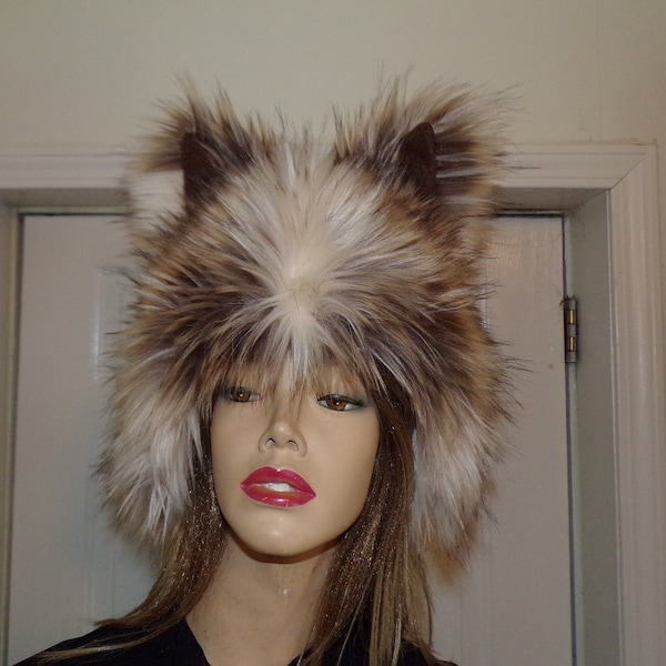 Furry Wolf Hat Ears Coyote Cream Brown Fur Head Piece Animal Hat Gift Halloween Mardi Gras Costume Warm Winter Hat Teen Adult