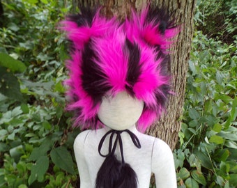 Ready to Ship Cheshire Cat Furry Kid Hat n Tail Ears Striped Fur Halloween Costume Pink Black Photo Prop Gift Role Play Kid Child Fur Hat