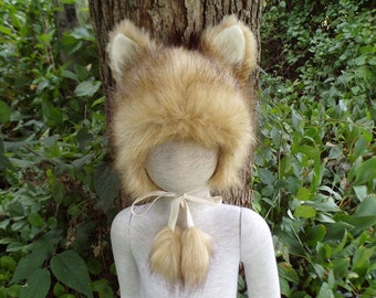 Blonde Wolf Cub Furry Hat and Tail Ears Kid Cream Brown Tip Fur Wolf Unique Halloween Costume Photo Prop Toddler Child 18-19.5" Hat