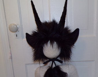 Ready to Ship Krampus Kids Hat Wild Furry Horn Fur Hat Monster Black Winter Hat Birthday OOAK Christmas Costume Head Piece Child Kid