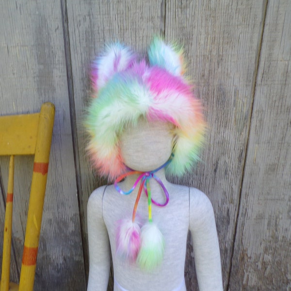 Rainbow Pride Toddler Furry Hat Ears and Tail Kid Fur Wolf Dog June Pride Costume Gift Photo Prop Costume Birthday Kid Toddler Child Fur Hat