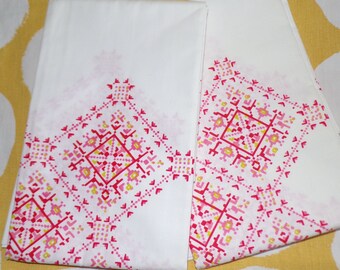 Set of 2 New Vintage Pillowcases Pink Red White Cross Stitch Print Cottage Core Folk Art All Cotton 1960's Standard Cases 20x30" bedding