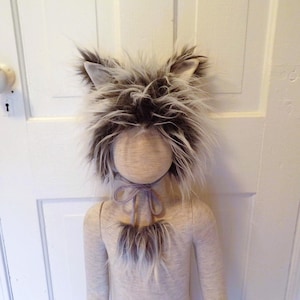 Kid Fur Gray Wolf Hat Tail Toddler Wolf Ear Hat Furry Halloween Costume Unique Gift Warm Vegan Photo Prop Role Play Dress Up