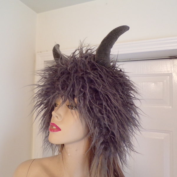 Gray Wild Thing Horn Hat Furry Hat OOAK Halloween Monster Hat Head Piece Fur Costume Horns Fur Hat Horn Adult Unisex Warm Winter Wear