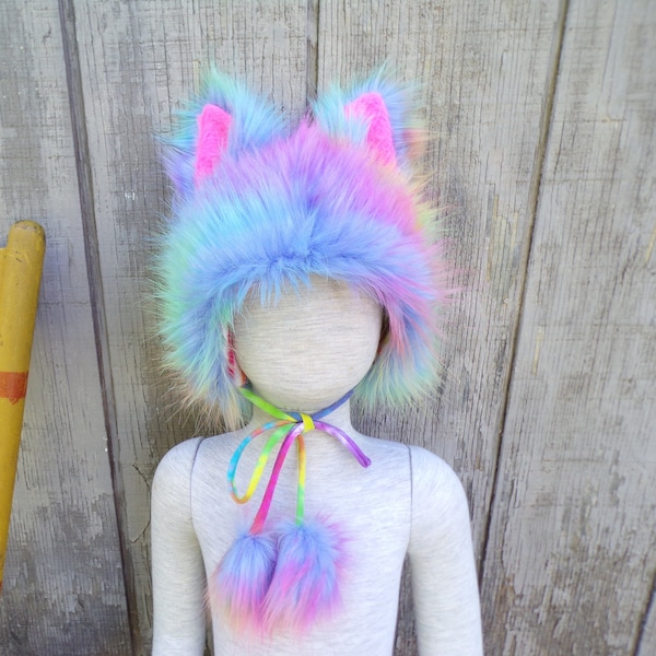 Rainbow Pride Toddler Furry Hat Ears and Tail Kid Fur Wolf Dog June Halloween Costume Gift Photo Prop Birthday Kid Toddler Child Fur Hat