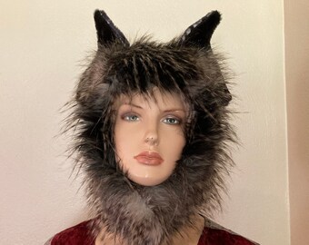 Ready to Ship Adult Furry Wolf Hat Gray Black Fur Hood Wolf Hat Werewolf Pack Halloween Costume Unique Gift Hat Ears Hood Head Piece Wolf