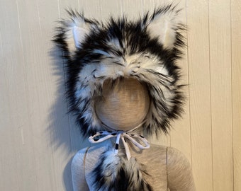 Husky Furry Hat n Tail Ears Kid Vegan Fur White Black Wolf Warm Dog Christmas Gift Costume Fur Birthday Kid Toddler Child Fur Hat Black