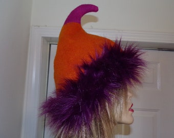 Wool Fur Pixie Hat Elf Upcycled Bright Unique Hat Warm Winter Adult Teen Whoville OOAK Christmas Hat Ready to Ship Carnival Costume