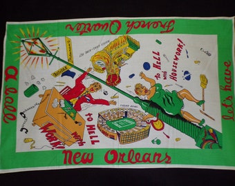 New Orleans Tea Towel Mardi Gras Japan made Vintage 27 x 18 Charmy cotton Souvenir gift Kitschy Unique Art 50s Kitchen Towel French Quarter