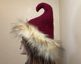 Rustic Red Wool Fur Pixie Hat Christmas Elf Upcycled Faux Fur Whoville Hat Warm Winter Adult OOAK Hat Weird Elven Christmas Red Hat Gift