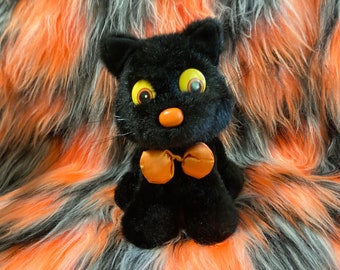 Halloween Black Cat plush with Bow Tie Orange Eyes 1988 vintage Applause fur Halloween Decor Witch Animal Familiar 9 1/2" tall