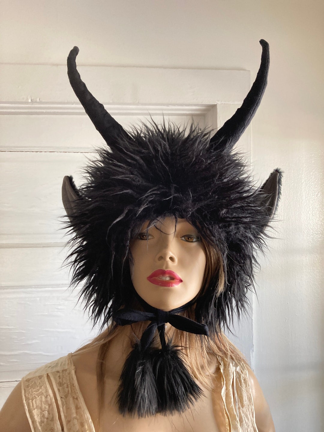 Krampus Hat Wild Thing Furry Horn Fur Monster Black Winter Hat OOAK