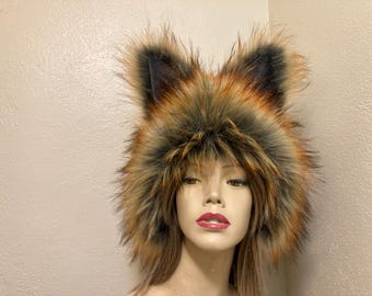 Fire Fur Wolf Hat Furry Adult Costume Headpiece with Ears