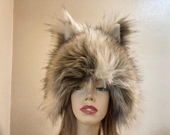 Faux Fur Wolf Hat: Cream Brown Animal Ears, Halloween Costume adult warm hat