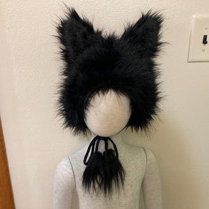 Ready to Ship Black Cat Furry Kid Hat n Tail Ears Striped Fur Halloween Costume Black Photo Prop Gift Role Play Kid Child Fur Hat