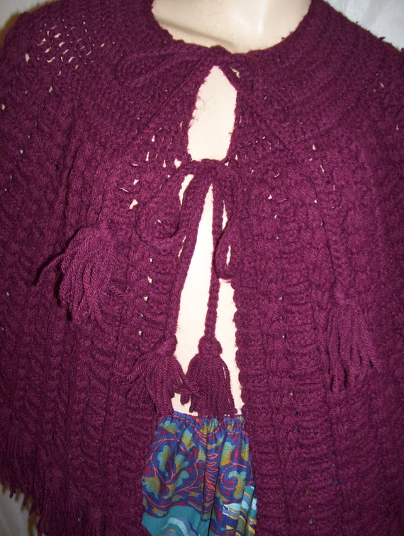 Burgundy Poncho Sweater 1970s Fringe Tassels Hand… - image 3