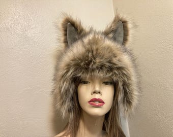 Faux Fur Wolf Ear Hat: Blonde Brown Animal Costume, Adult Made in USA