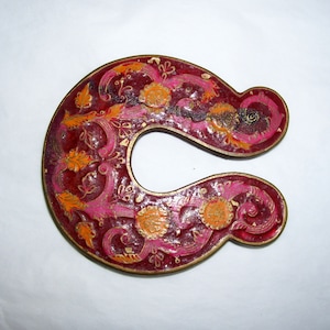 Solid Brass Belt Buckle Abstract Horse Shoe Hippie Bohemian Big Huge Belt Buckle Cloisonne India Vintage Heavy Belt Buckle 3 3/4 x 4 1/4&quot;