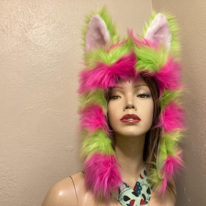 Cheshire Cat Green Pink Fur Hat Furry Fur Stripe Kitty Hood Halloween Weird Head Piece Animal Costume Hat Ears Unisex Adult USA Made Unique