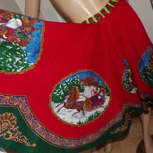 Christmas Skirt Upcycled Santa Sleigh Christmas Holiday Décor Tree Skirt Full Circle Plus Xmas Square Dance Patchwork 25-40&quot; Waist