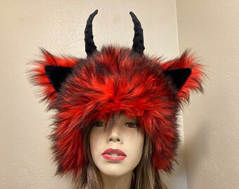 Black Red Hat n Tail Thick Fur Wolf Ears Animal Devil Kitty Cat Coyote Costume Unisex Birthday Hat Halloween Costume Wig Adult