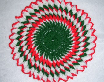 Christmas Doily vintage Crochet Ruffle Star Round Red Green White chevron Stripe Large 14" Kitsch Holiday Mini Tree Skirt Decor Hand Made