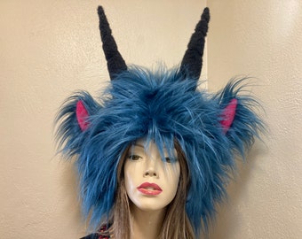 Monster Horn Hat Furry Hat OOAK Teal Magenta Wild Thing Hat Head Piece Fur Halloween Costume Beast Animal Horns Adult Unisex Ready to Ship