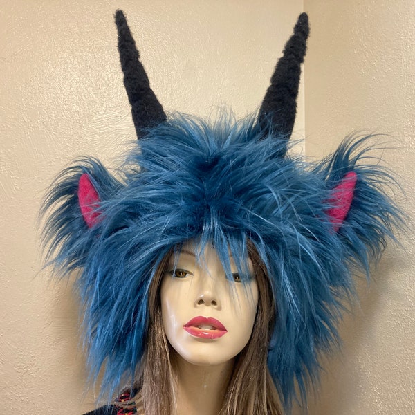 Monster Horn Hat Furry Hat OOAK Teal Magenta Wild Thing Hat Head Piece Fur Halloween Costume Beast Animal Horns Adult Unisex Ready to Ship