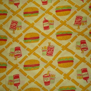 Vintage Jersey Aertex Fabric Semi Sheer Little Stretch Novelty Burgers Fries Yellow Fabric 70s Foodie Shirts Clothing Material 64 w x 1.5 yd