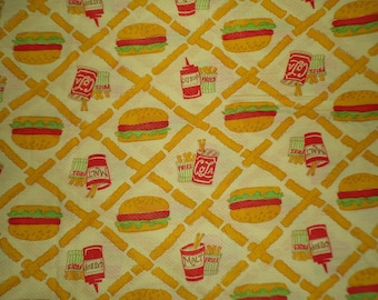 Vintage Novelty Fabric: 70s Burgers, Fries Print, Yellow Semi-Sheer (64 w x 1.5 yd)