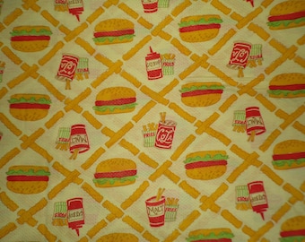 Vintage Jersey Aertex Fabric Semi Sheer Little Stretch Novelty Burgers Fries Yellow Fabric 70s Foodie Shirts Clothing Material 64 w x 1.5 yd