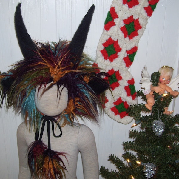 Krampus Kids Hat Wild Furry Thing Horn Fur Hat Monster Colorful Winter Hat Birthday OOAK Christmas Costume Head Piece Child Kid