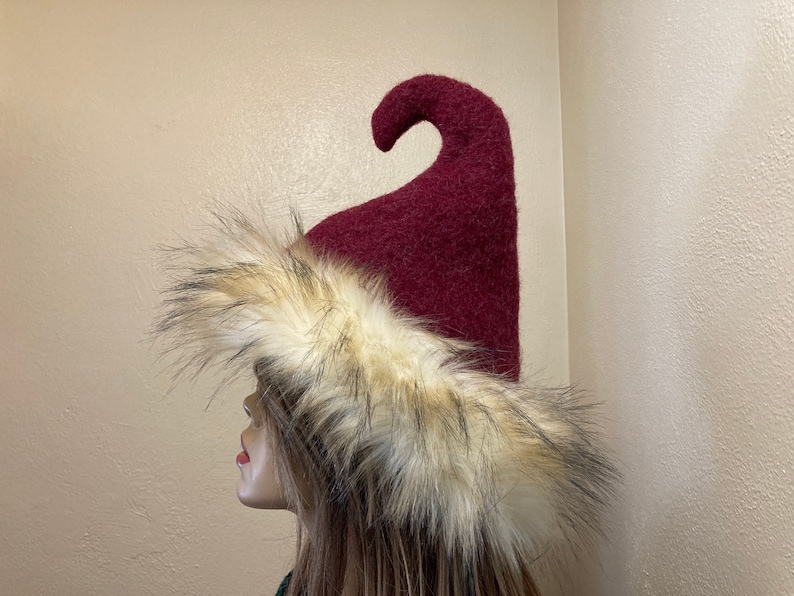 Rustic Red Wool Fur Pixie Hat Christmas Elf Upcycled Faux Fur Whoville Hat Warm Winter Adult OOAK Hat Weird Elven Christmas Red Hat Gift white red