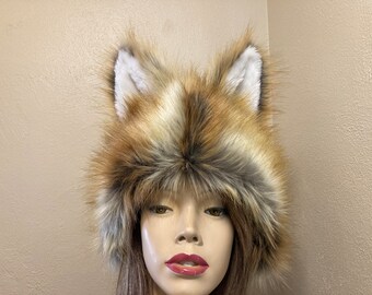 Red Fox Fur Hat with Ears Furry Foxy n Fabulous Fur Head Piece Halloween Costume Birthday Gift Winter Hat Adult Unisex Red Fox Costume Hat