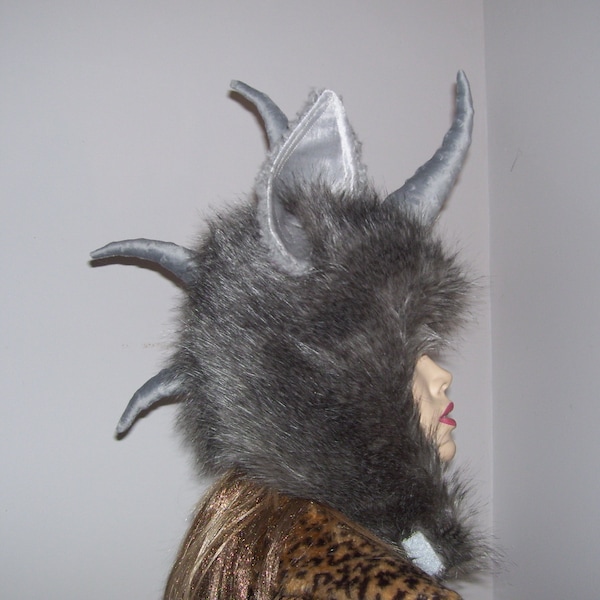 Ready to Ship Monster Horn Hat OOAK Costume Hat Furry 4 Horned Horns Cryptid Gray Wild Thing Fur Hat Weird Gift Head Piece Costume Fur Adult